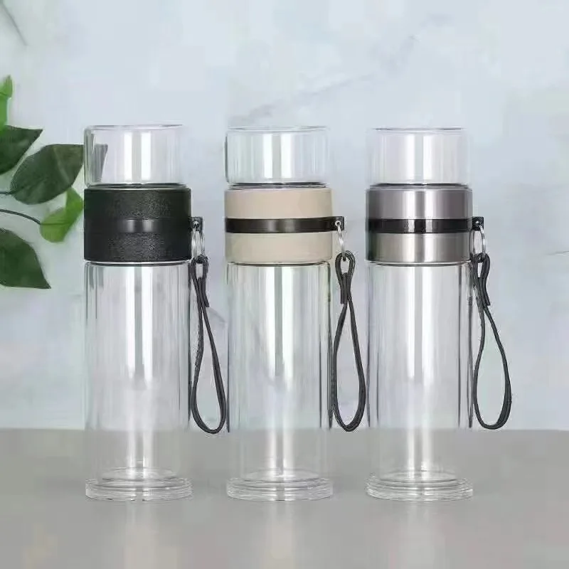 NEW Glass Bottle Double Wall Transparent Borosilicate Glass Teacup with Handle Portable Independent Tea Warehouse Drinkware