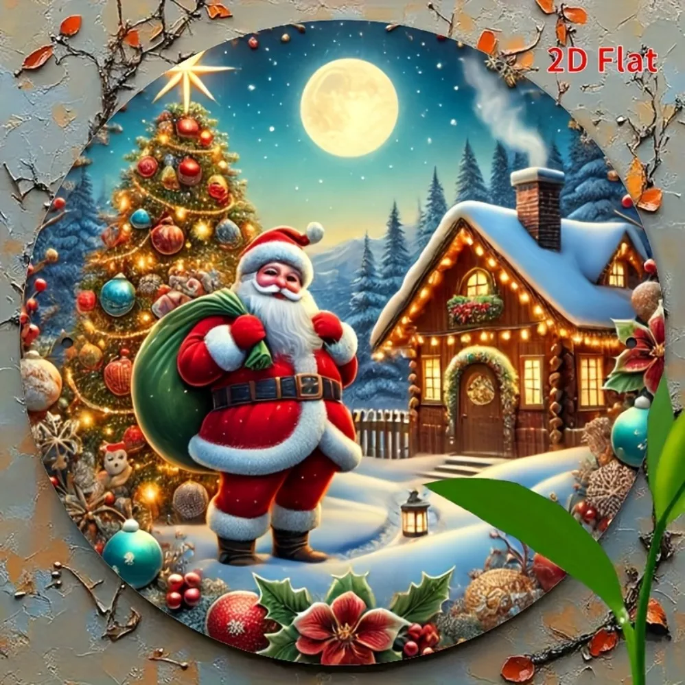 لافتة مسطحة ثنائية الأبعاد "عيد ميلاد سعيد" - تصميم إكليل سانتا، لوحة معدنية دائرية من القصدير | ديكور الباب الأمامي والتعليق على الحائط مصنوع يدويًا #4