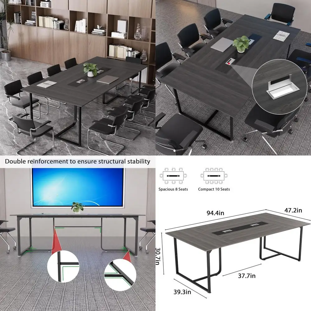 

Large Gray Office Seminar Table with Grommet, Stable Structure, Adjustable Foot Pads, 94.4L x 47.2W x 30.7H
