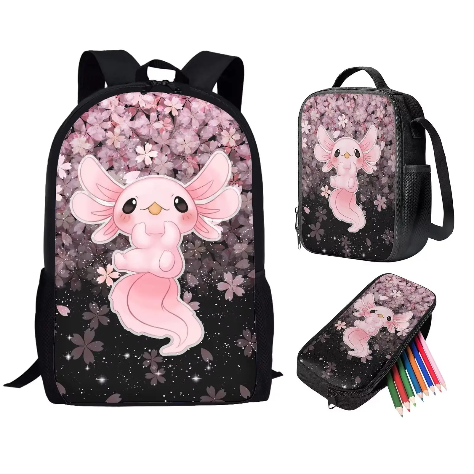 Axolotl-Sac à dos d'école mignon pour adolescents, sacs à livres de campus pour filles et garçons, sac à lunch thermique, étui à crayons, cadeaux, aucune fleur