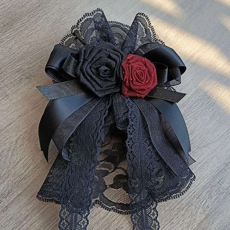 

Lolita Collar Flower Headwear Hairpins Gothic Red Black Rose Flowers Brooch Fashion Women's Vintage Court Style Dress Bow Tie