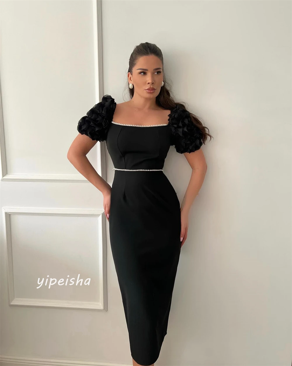 Ball Dress Evening Saudi Arabia Jersey Flower Beading Ruched Homecoming A-line Square Neck Bespoke Occasion Gown Midi Dresses