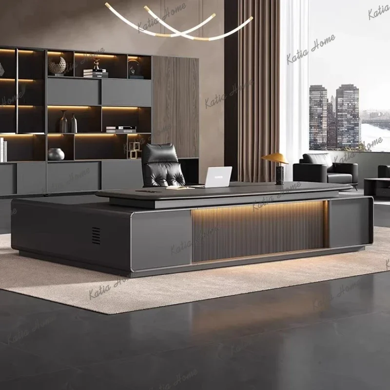 FG Luxury Lacquer Executive Desk with Ambient Light Strip 1.8-2.2m Modern CEO Office Desk High-End Boss Desk with Socket furnitu