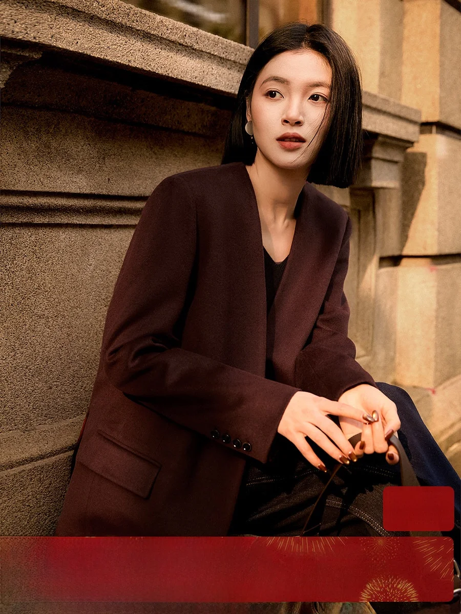 

Exquisite Woolen Suit by Xhange Luxury Camere Wool Nel Commute Sle Women's Faion Warm Long Sve Pure Color