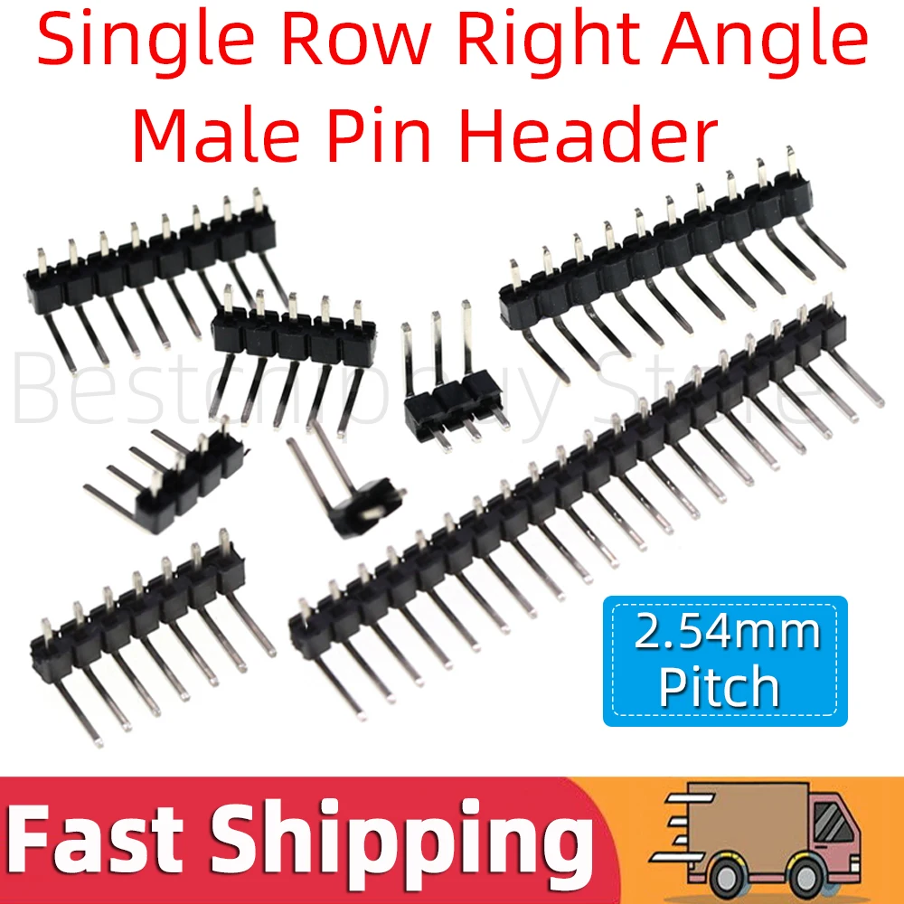 

20pcs 2.54mm Pitch 1x2/3/4/5/6/7/8/10/20/40 Pin Single Row Right Angle Male Pin Header Connector Socket 3P/4P/6P/8P/20P/40P Pin