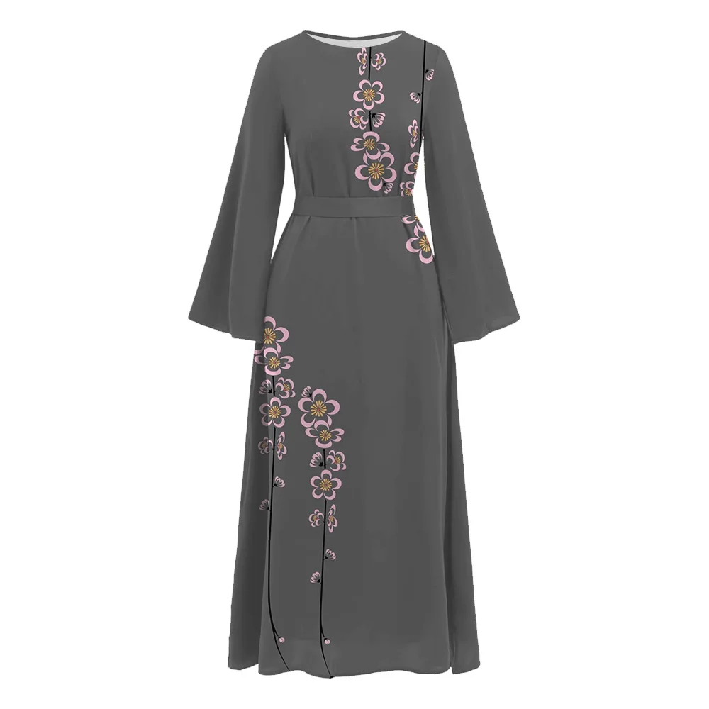 Demure Muslim Female Abaya Luxury Dubai Turkey Caftan Floral Printed Maxi Dress Casual Ramadan Islam Long Sleeve Tunic Robe