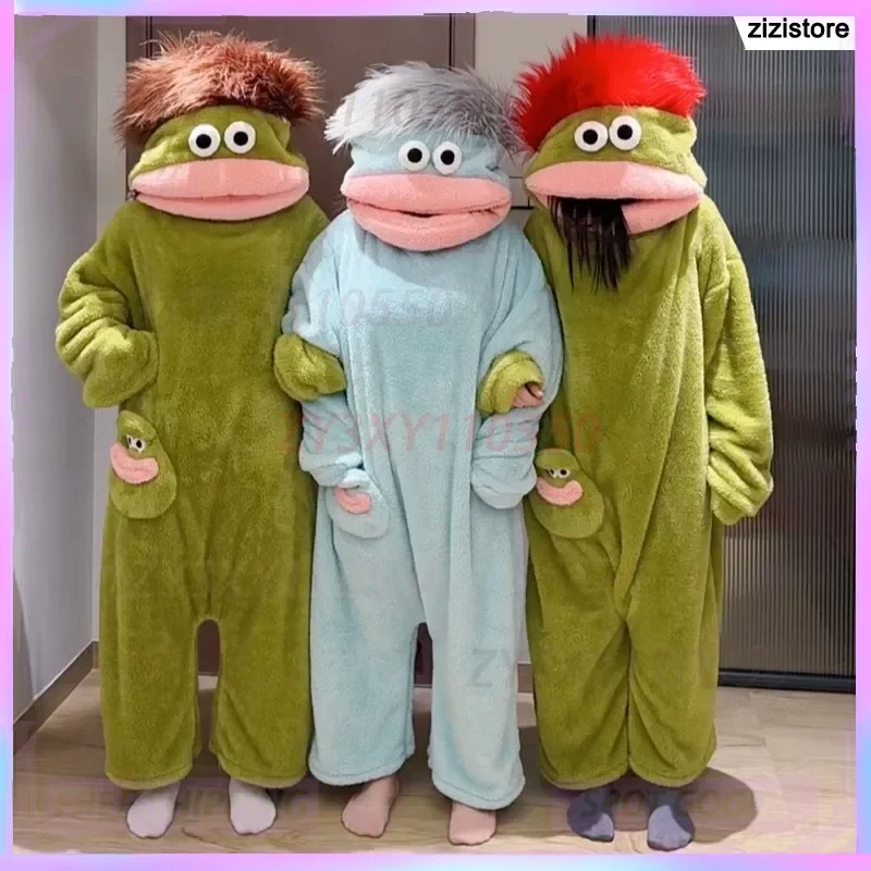 

A Garment Pajamas Big Mouth Monster Winter Thick Coral Fleece Ugly Cute Funny Hairy Warm Loungewear For Adults Green Light Blue