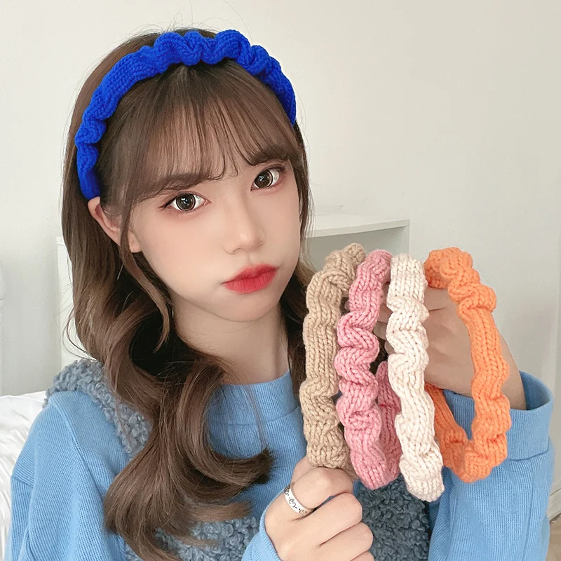 

Новая плиссированная повязка на голову для женщин, вязаная шерстяная повязка для волос, широкая эластичная повязка-ободок, аксессуары для волос для девочек, головной убор