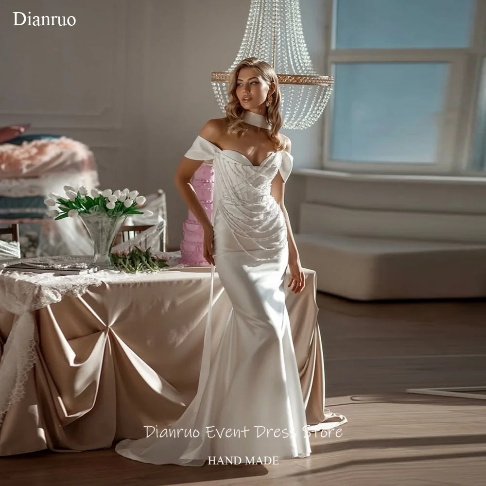 Dianruo Pearl Beading Lace Up Back Wedding Dresses Off Shoulder платье на выпускной Dress Satin Mermaid Party Dresses Customized