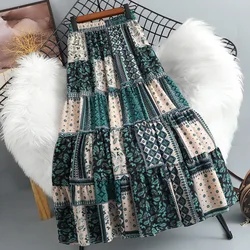 Ethnic Style Color Blocks Printed Boho Long Skirt  Autumn Elastic Waist Bohemian Paisley Floral A-line Patchwork Calf Long Skirt