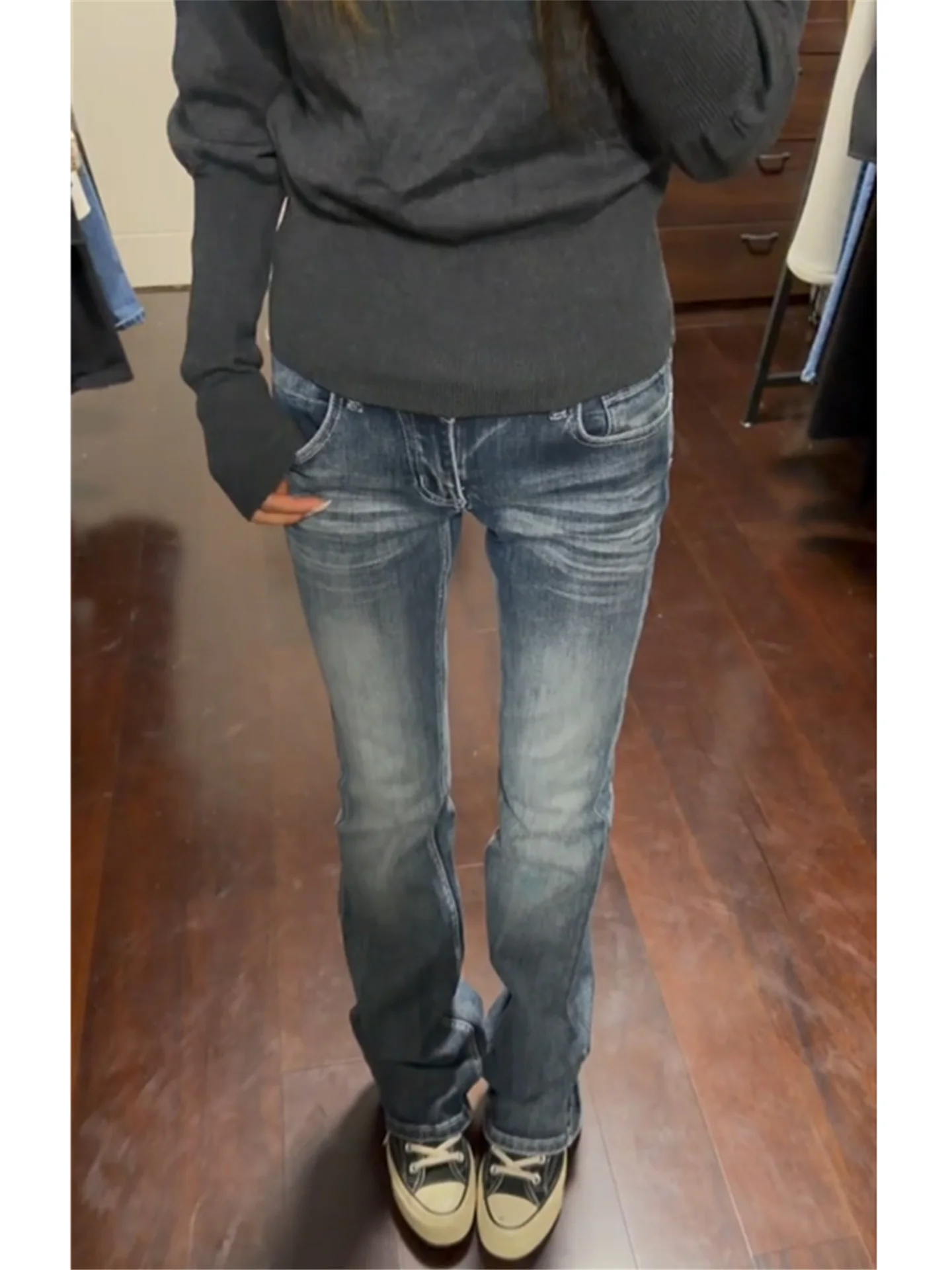 

Американские винтажные джинсы с высокой талией, облегающие, женские, весенние, удлиненные, с низкой посадкой, расклешенные, из хлопка, повседневные