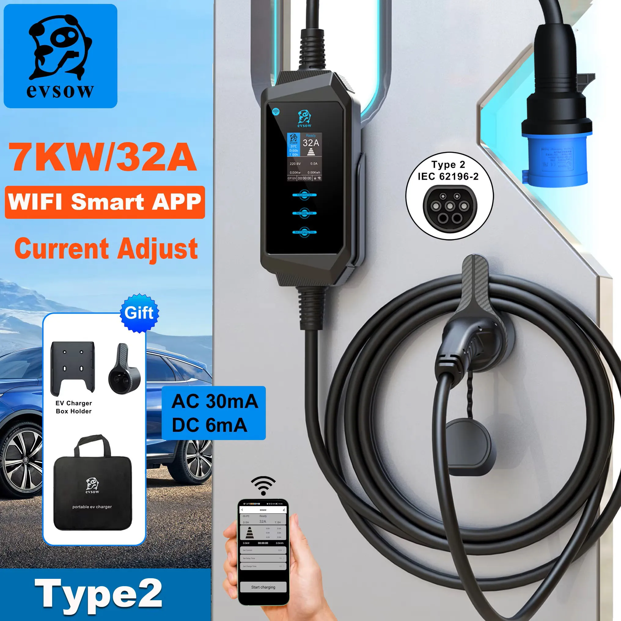 evsow 7KW32A EV Charger Type2 WIFI Electric Car Charger With APP Control Set Charging Time EVSE Charger Box For Electric Vehicle