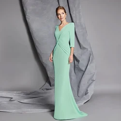 Simple Sage Mother of the Bride Dresses For Wedding Customized V Neck 3/4 Sleeves Wedding Party Gowns Mermaid فساتين السهرة