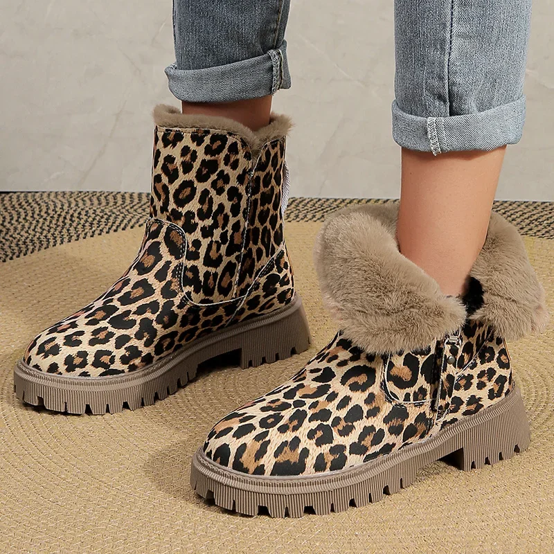 Thick Bottom Leopard Ankle Boots Women 2023 Winter Warm Thick Plush Snow Boots Woman Non Slip Platfrom Booties Mujer