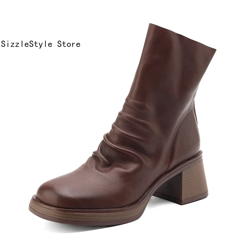 Retro Style Splicing Waterproof Platform Square Toe Comfortable Thick Heel Rear Zipper Ladies Short Barrel Fashion Boots