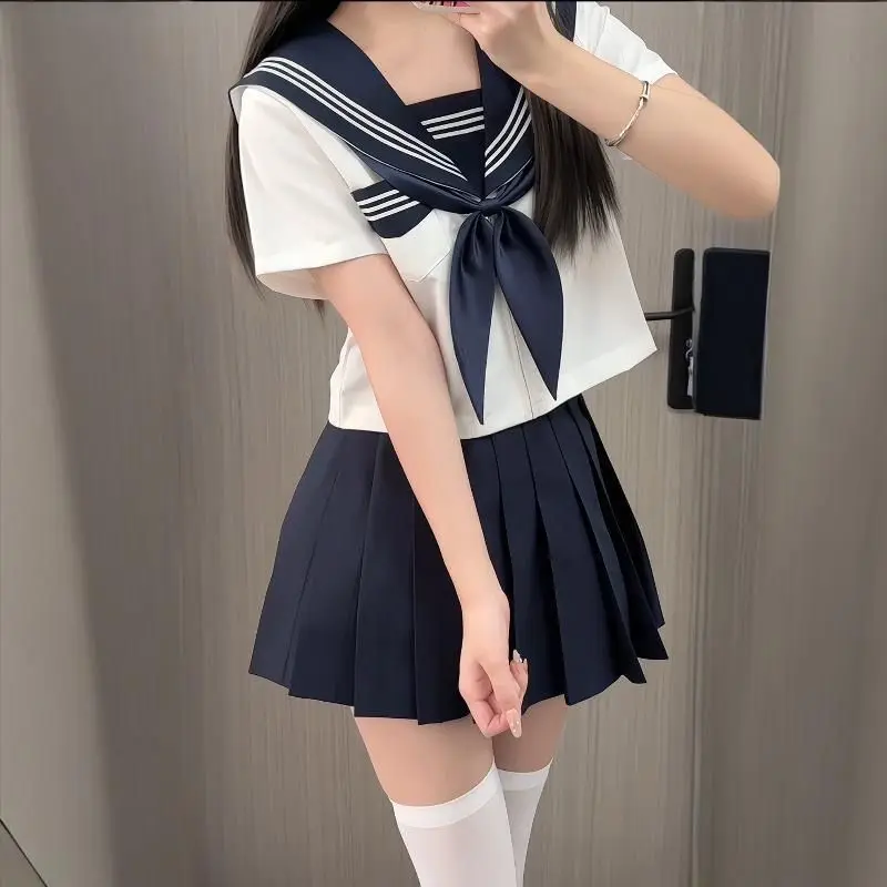 Preppy Style JK-Uniform-Set, weißes Design mit drei Streifen, marineblauer Rock, japanisch inspiriertes Basic-Campus-Outfit für Mädchen