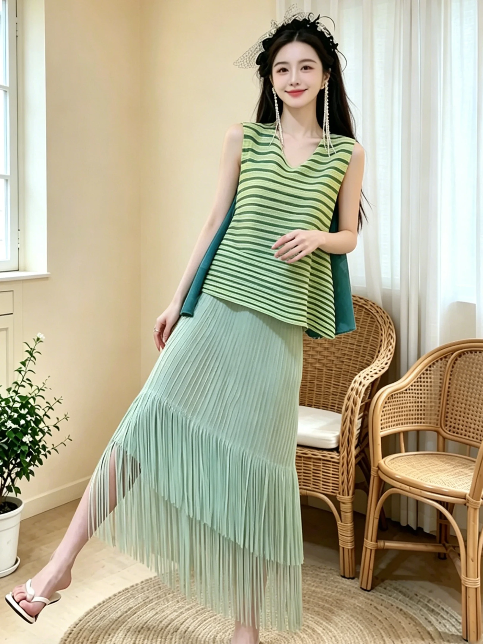 

Summer Outfit Women's Striped Print Sleeveless Top High Waist Tassel Pleated Midi Skirt Set Simple Style Straight Cut Silk Top