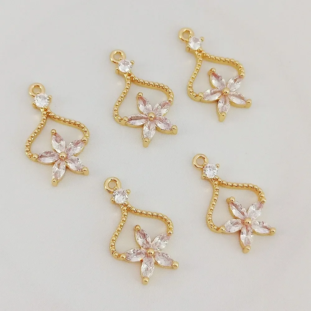 

14K Gold-encrusted Zircon Five-petal Bead Pendant Necklace, Diy Handmade Accessory, 22*12mm