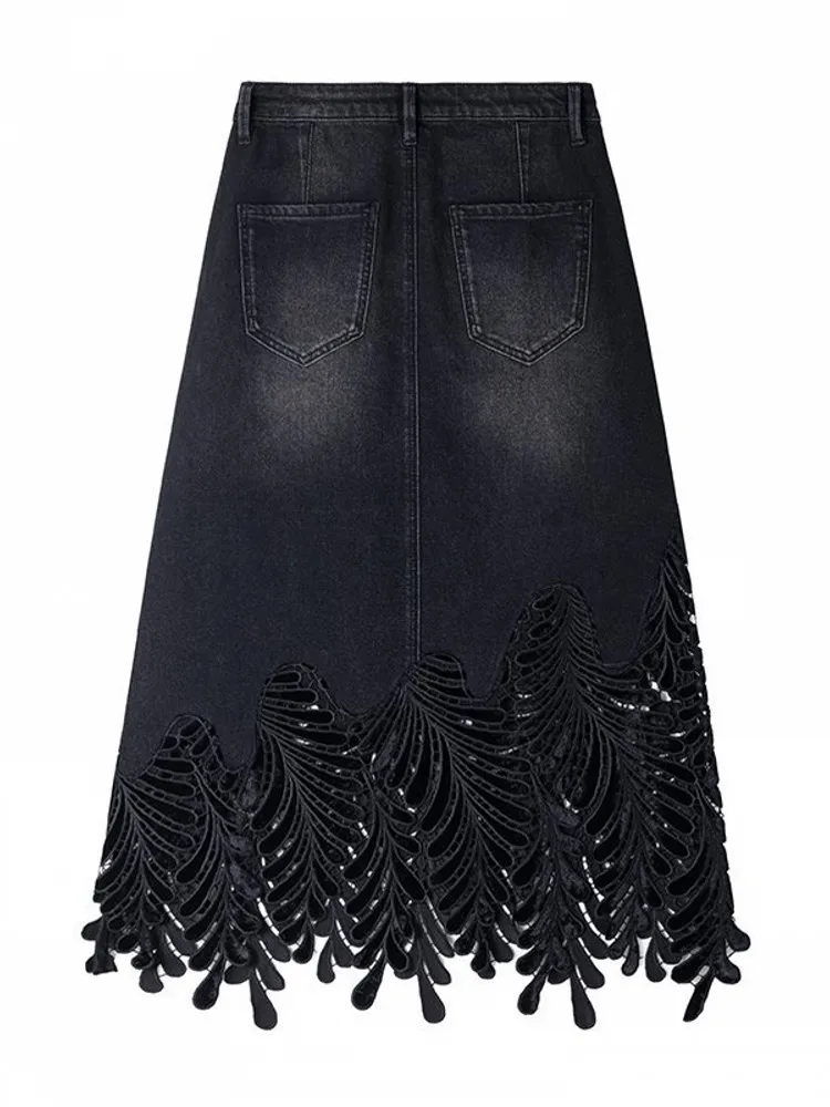 Women Summer Spliced Hollowed Out Embroidery Diamonds Black Denim A-line Skirts Office Ladies Casual Mid High Waist Streetwear