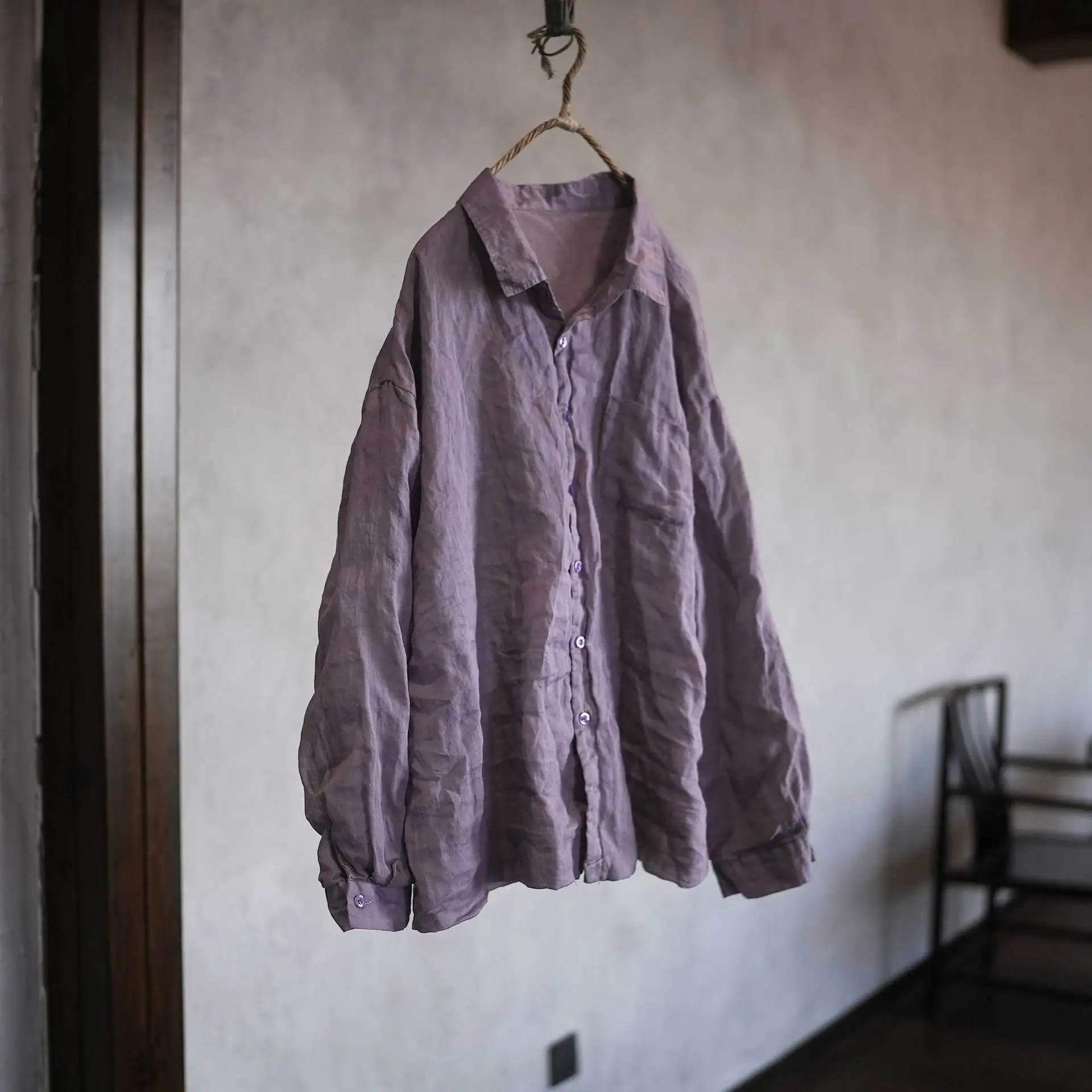 

Ретро-рубашка женская из мягкого тонкого льна, двухслойная, повседневная, дышащая, с длинным рукавом, круглым вырезом, на пуговицах, свободного кроя, весенняя, модная.