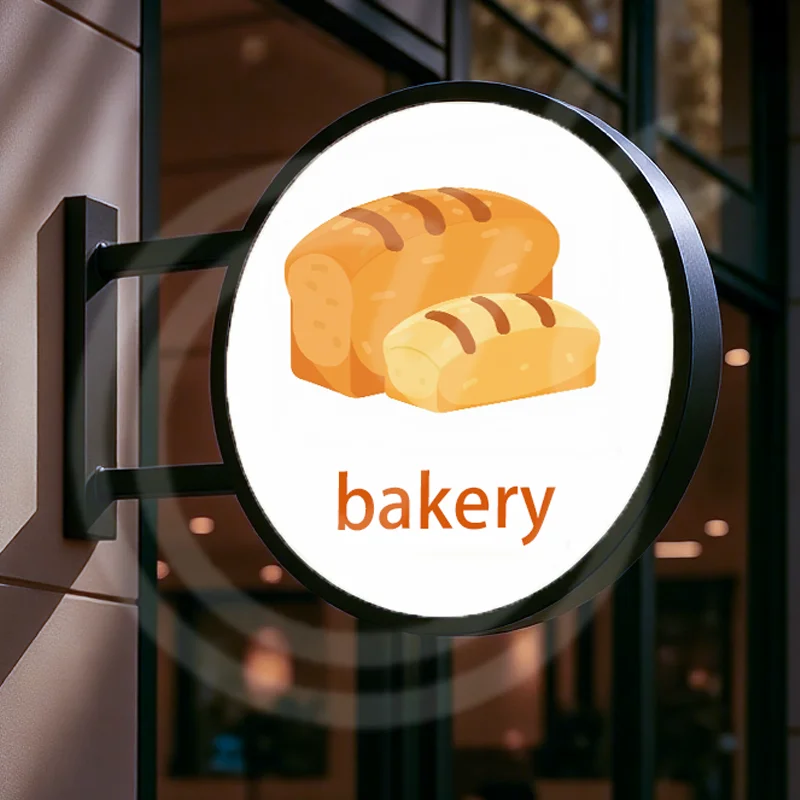 กล่องไฟ LED อะคริลิคกันน้ำทรงกลมแบบกำหนดเอง สำหรับร้านเบเกอรี่ ป้ายธุรกิจกลางแจ้ง ไฟส่องสว่างสองด้าน สำหรับโฆษณา