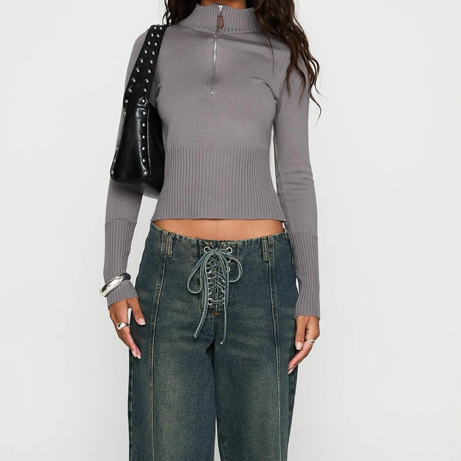 Ropa de calle para mujer, suéter de punto de manga larga con cuello alto y cremallera, jersey liso, suéter cálido para Otoño Invierno