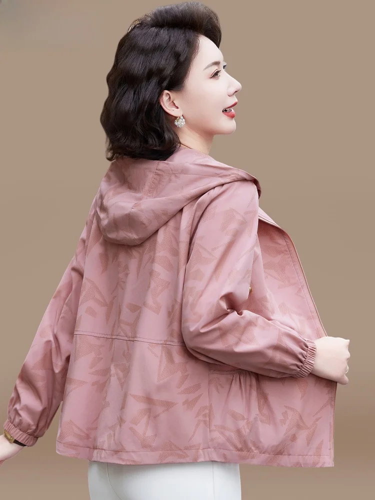

Chic Spring Autumn Jacket for Women over 50 Years Old Casual Style Polyester Cotton Blend Zipper Closure Hooded Coat