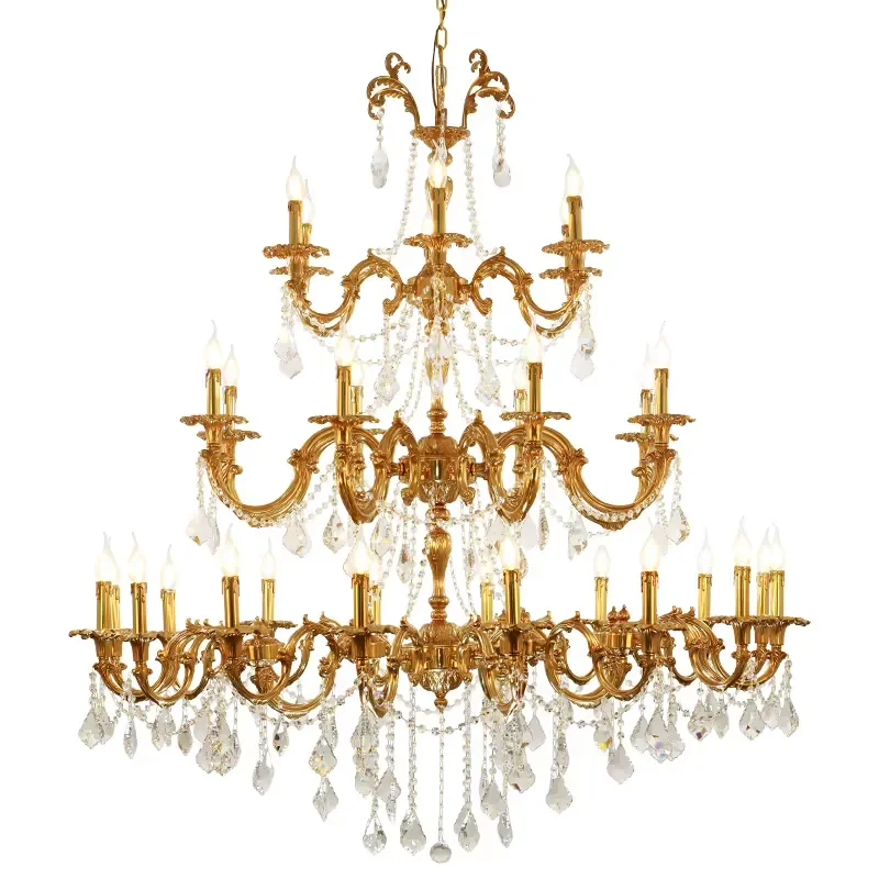 JewelleryTop Gold Finish European Style LED Brass Crystal Big Suspension Lamp Pendant Light for Dining Room Large Chandeliers