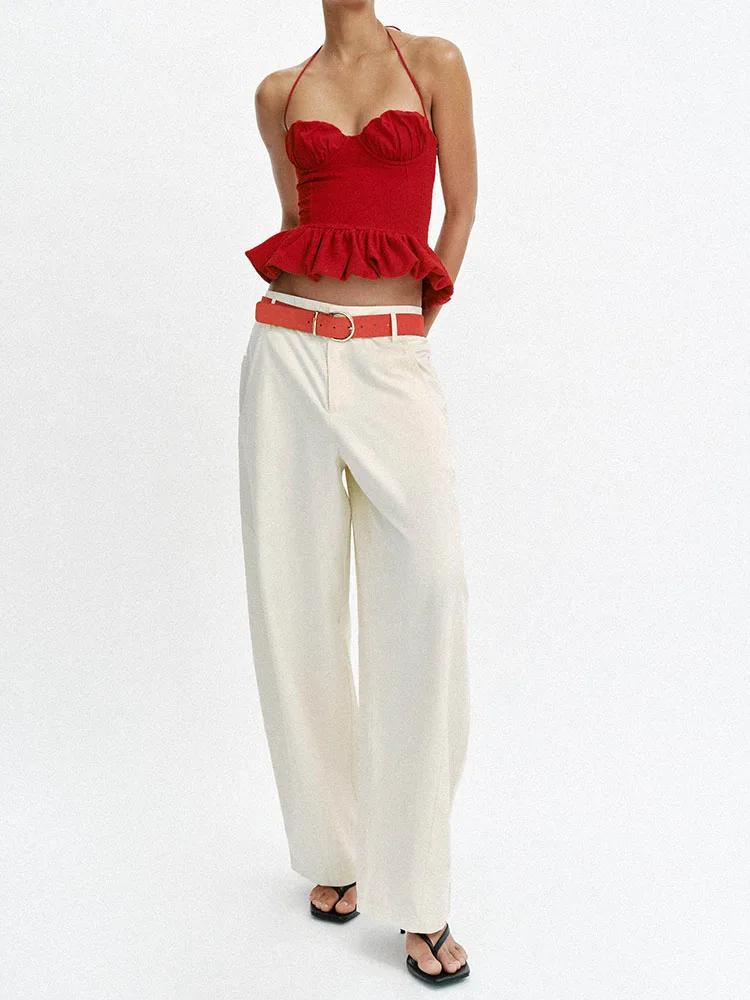 New Summer Women's Fashion Heart Collar Bead Wool Blend Halter Top Versatile Elegant Chinese Style Sleeveless Straight Hem Tunic