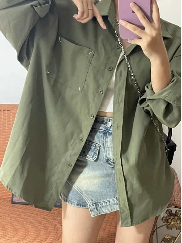 Military green long sleeved shirt for street women bf style loose and slimming workwear jacket thin 2024 autumn new top C56J