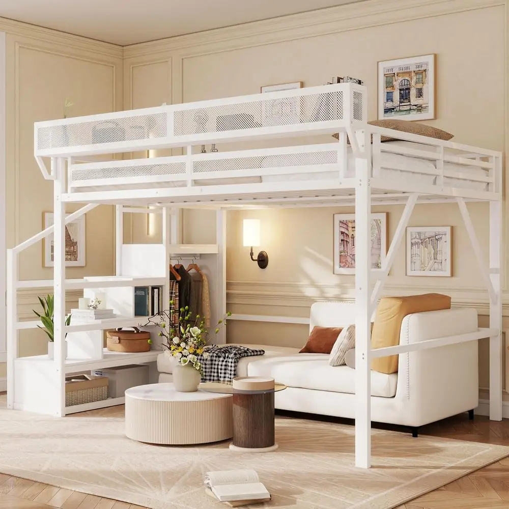 

Металлическая кровать размера Queen с лестницей, местом для хранения и книжной полкой, подходит для взрослых и детей, белая.