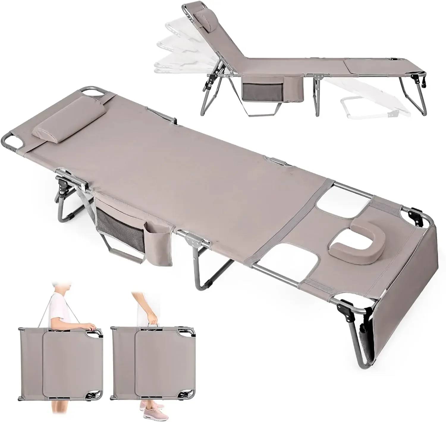 Tanning Chair with Face Hole, Folding Chaise Lounge Chair, Heavy Duty Outside Lay Flat Portable Face Down Tanning Chair