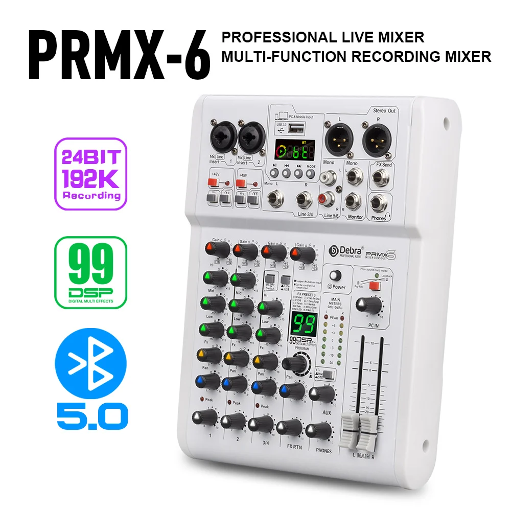 

PRMX-6 аудио микшер, DJ консоль с 5,0 BT, 99 DSP эффектов USB запись, качество студии 24 бит/192k, для студии, живого компьютера