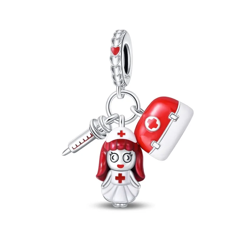 New Original 925 Sterling Silver Red Haired Nurse Three Piece Set Charms Beads For Women Exquisite DIY Daily Life Jewelry Gifts