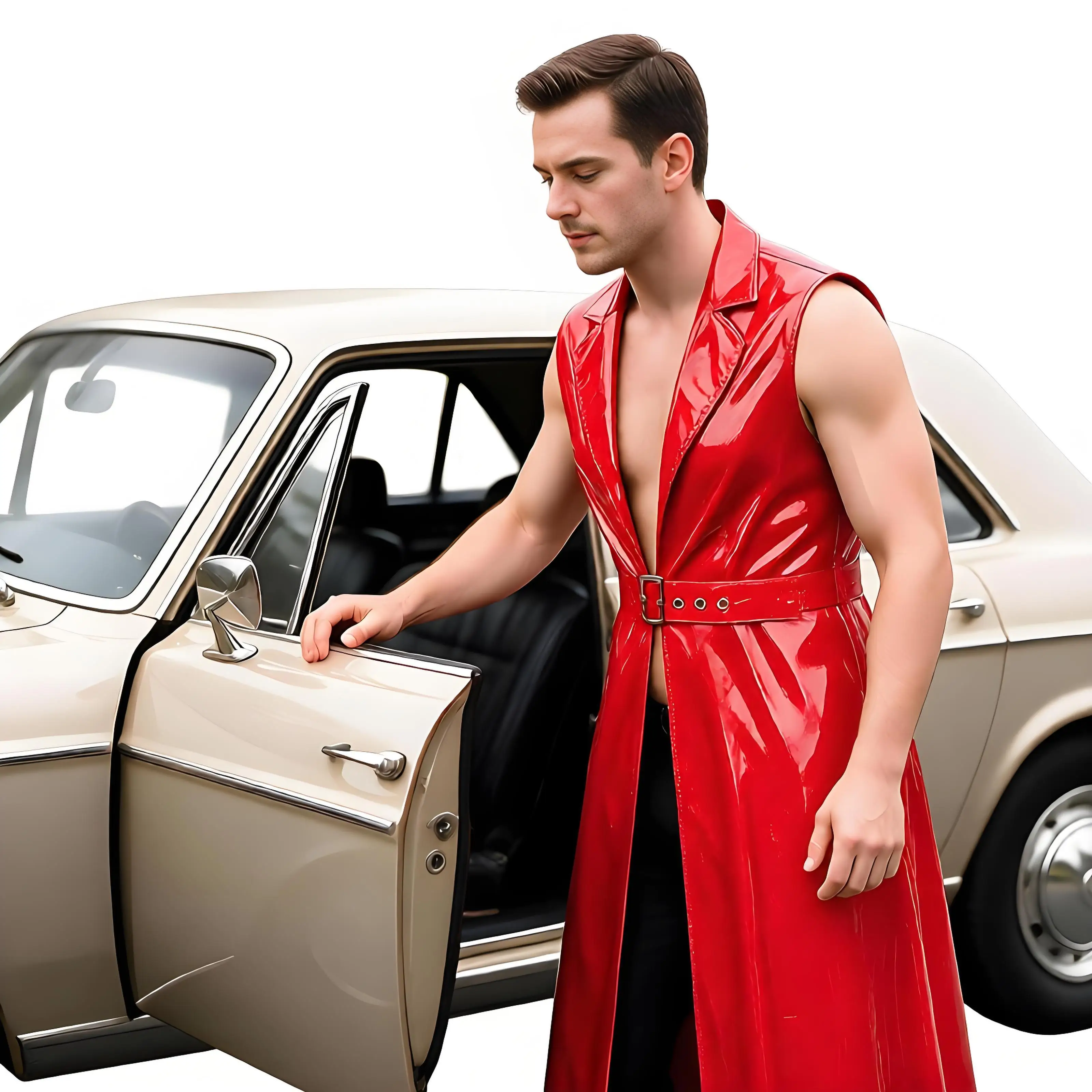 Men Cool Motorcycle Leather Jacket Glossy PU Punk Long Trench Coat Sleeveless Open Front Buckle Waist Blazer for Party Outerwear