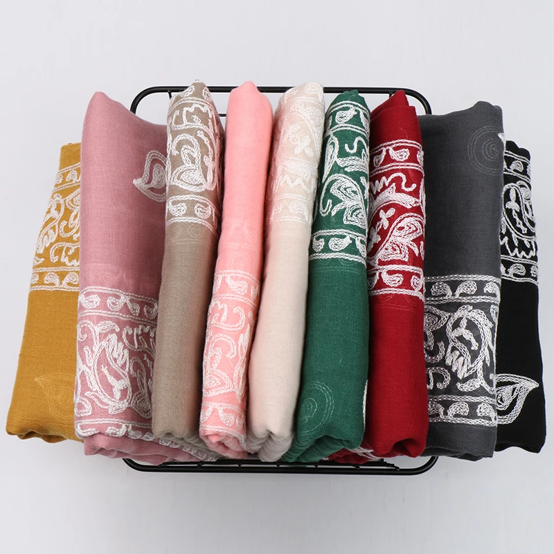 New Design Embroidered Cashew Hijab Cotton Long Scarf For Muslim Woman Solid Color Wraps Casual Ladies Shawl Headband 180*90cm