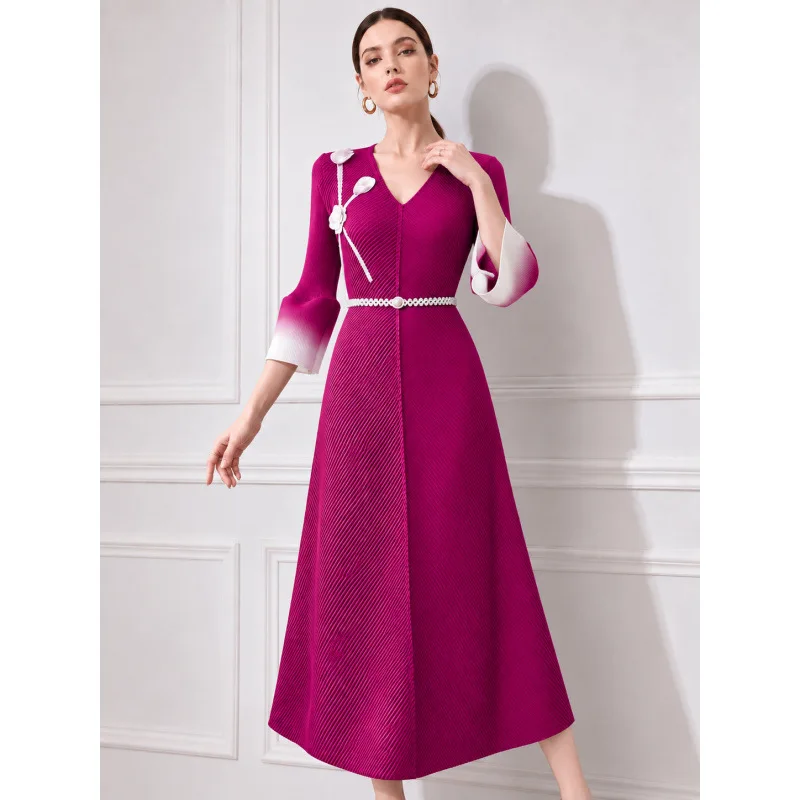 Miyake Pleated V-neck Dress Gradual Change Contrasting Color Horn Sleeve Disc Flower Waist Long Dress Light Luxury Women's