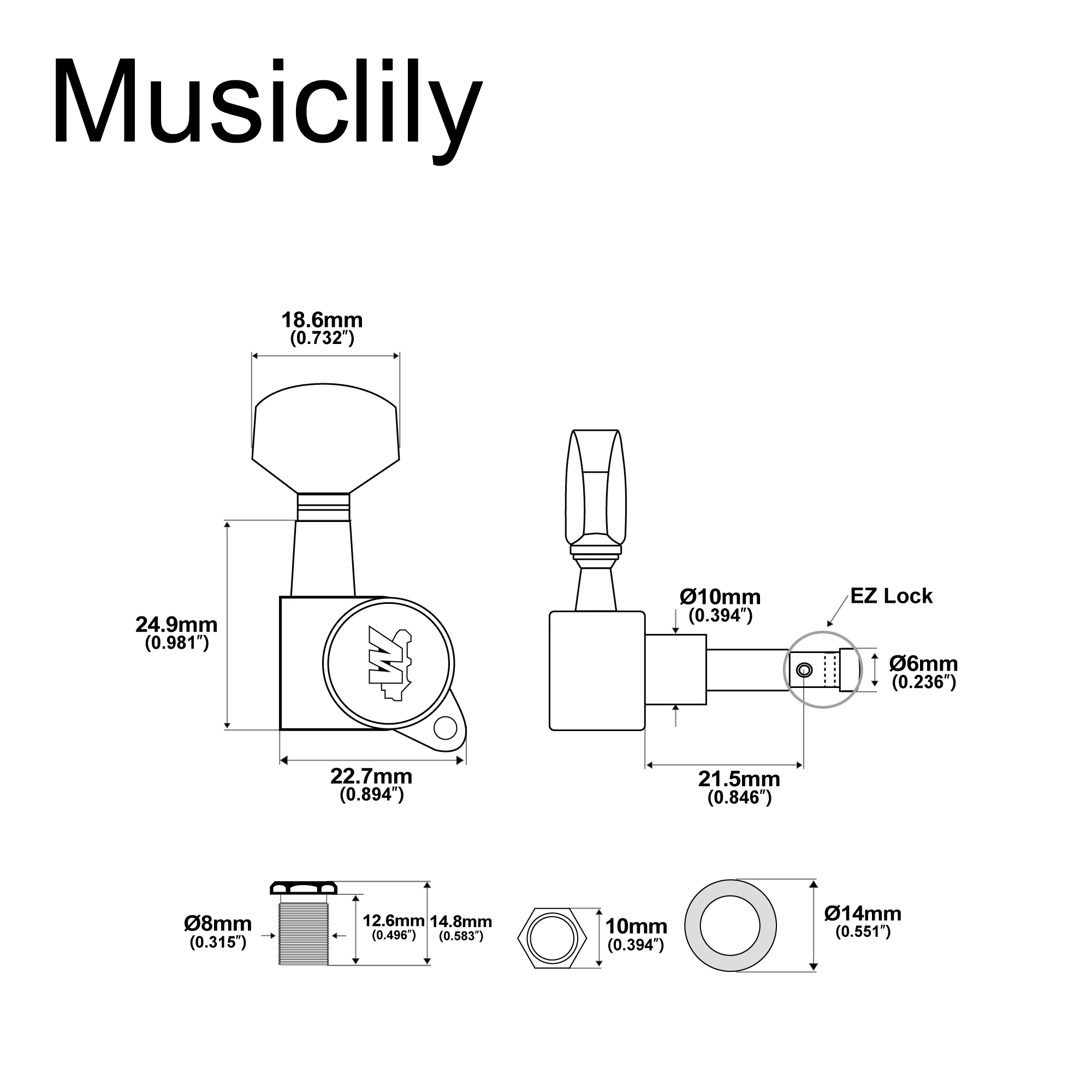 Wilkinson 19:1 Ratio E-Z-LOK Full Sealed Machine Head Tuner Tuning Peg Key with Hex Button for ST Tele Style Electric Guitar