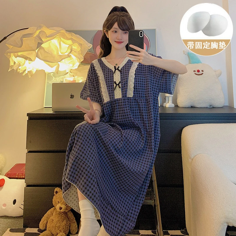 Women'S Summer Nightgown, Cloud Cotton Short-Sleeve Plaid Long With Chest Pads, Casual And Loose-Fitting Ins Home Dress
