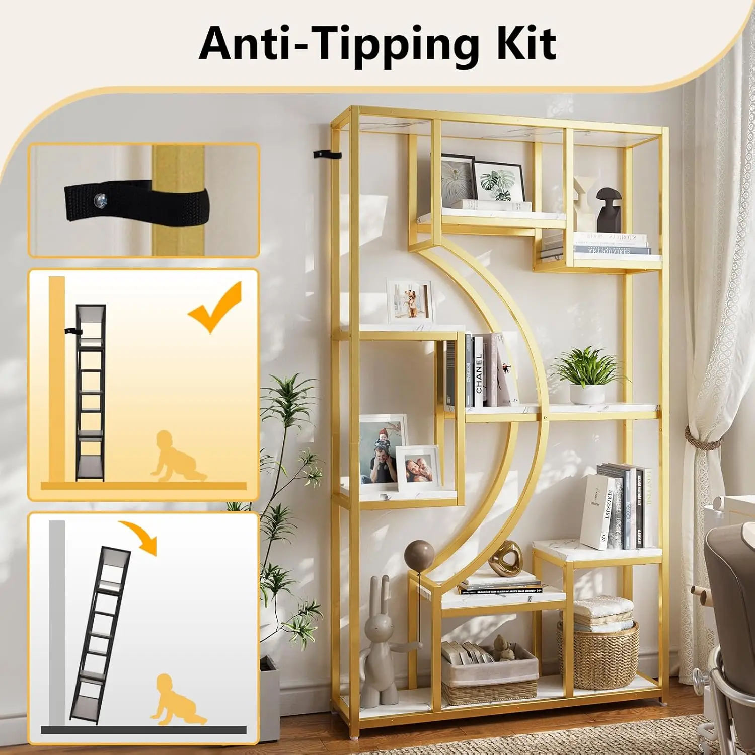 مجموعة أرفف كتب Etagere باللونين الأبيض والذهبي الحديث مقاس 70.8 بوصة مكونة من رفين بإطار معدني هندسي لغرفة المعيشة والمكتب المنزلي #6