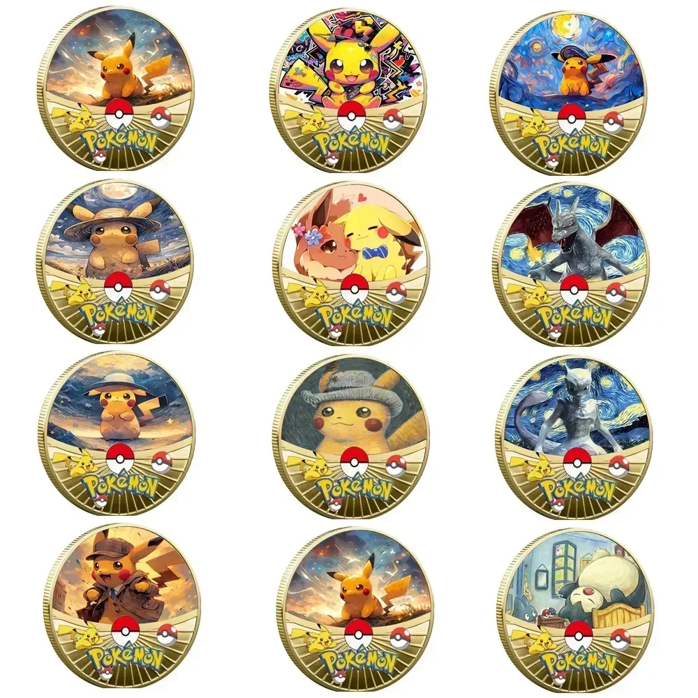 Pokemon Gold Coin Metal Set Pikachu Charizard Commemorative Anime Baby Pokemon Starry Sky Oil Painting Coin Commemorative Medal