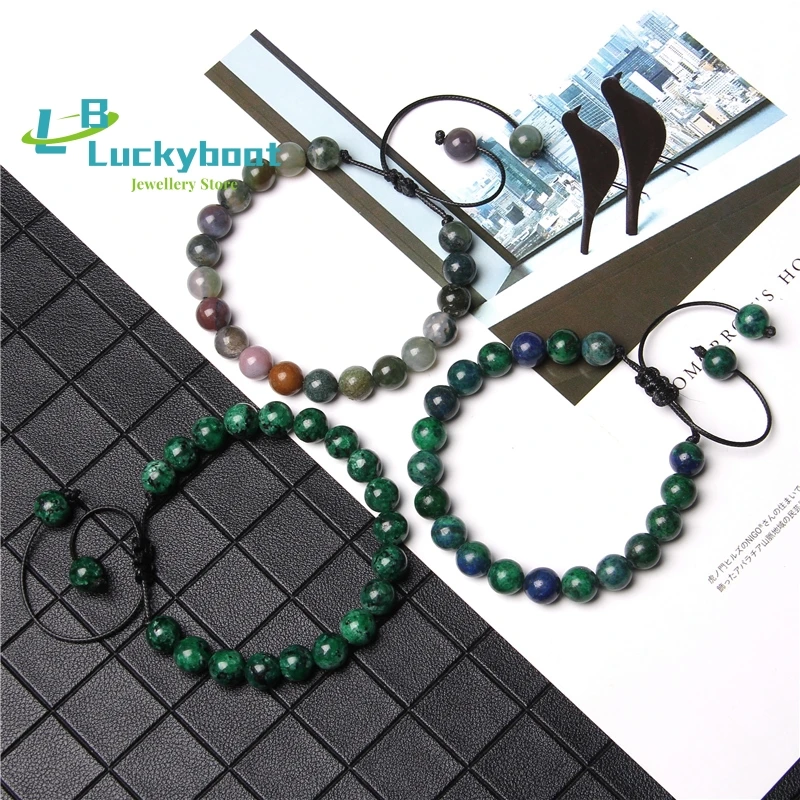 Green Natural Stone Beads Braided Bracelet Malachite Jades Indian Agates Woven Bracelets Male Female Attractive Jewelry Gifts