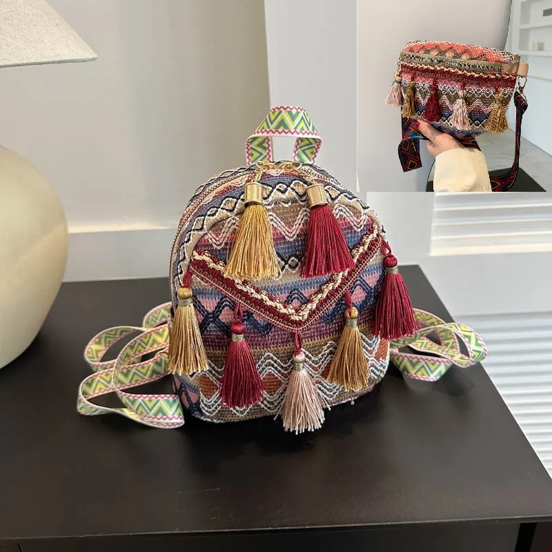 حقيبة كتف مزدوجة منسوجة على الطراز العرقي للنساء، حقيبة ظهر صغيرة عصرية وفريدة من نوعها لفصل الربيع، تصميم شعبي