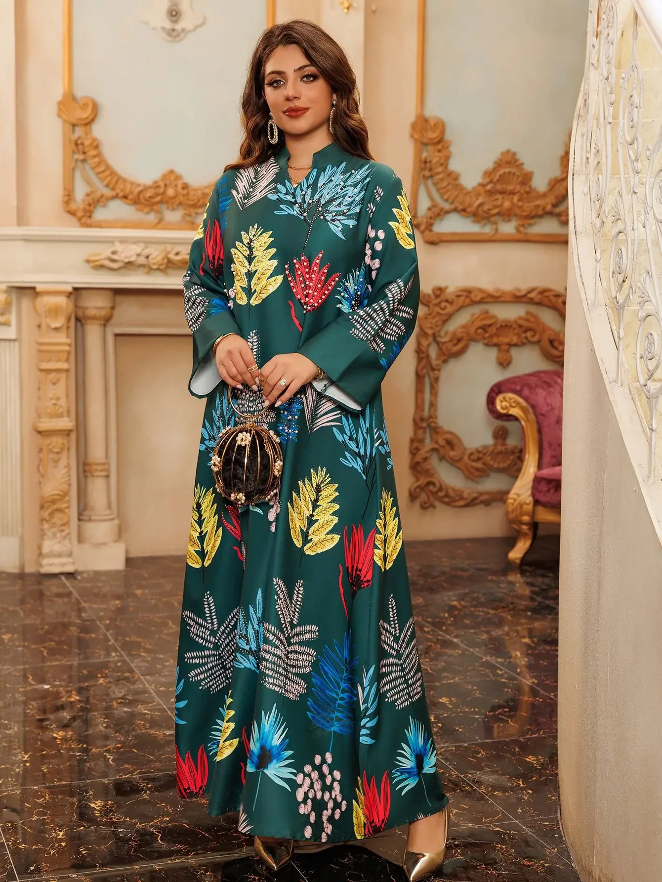 Colorful Leaf Print Abaya Women Muslim Pearls Diamonds Dress Retro Jalabiya Loose Robe Fashion V-neck Caftan Islamic Eid Gown