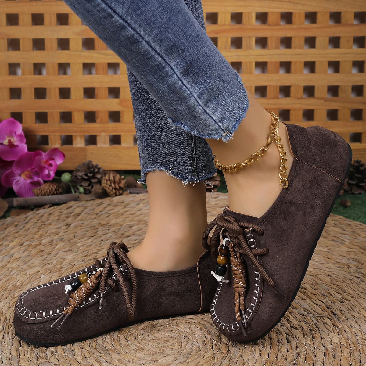 Women Luxury Spring/Autumn All-match Flat Bean Shoes Slip-on Lazy Shoes Soft Soles Lace Up Casual Shoes  Retro Tassel Footwear
