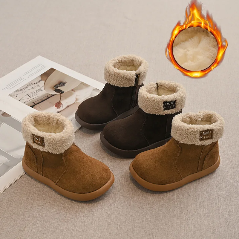 Girls Cozy Fleece Cuff Ankle Snow Boots Winter Thick Warm Side Zipper Booties Rubber Sole Outdoor Boots for Little & Big Girls