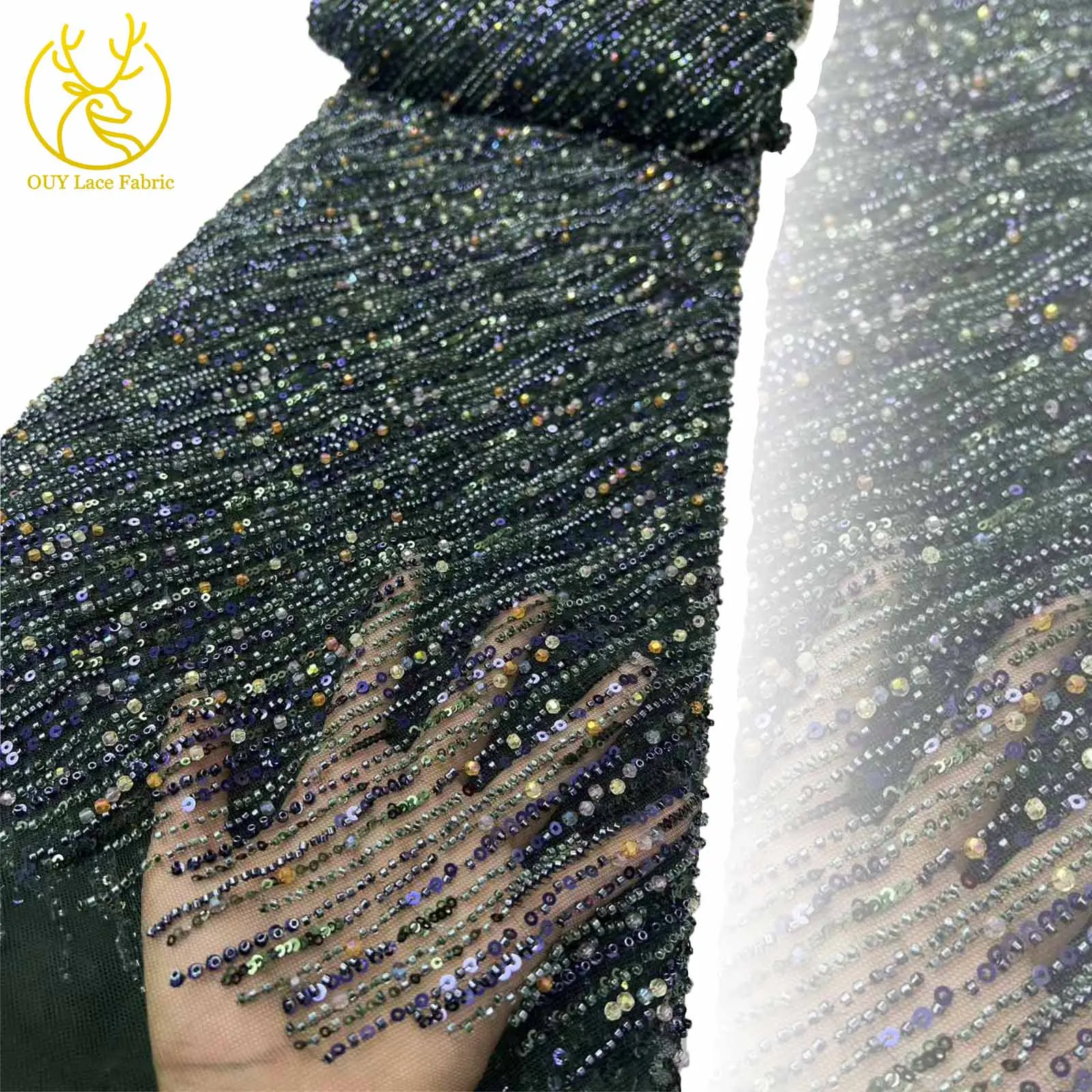 アフリカカラービーズレース生地2025高品質高級フレンチブラックスパンコールレース生地、女性用パーティーイブニングドレス用