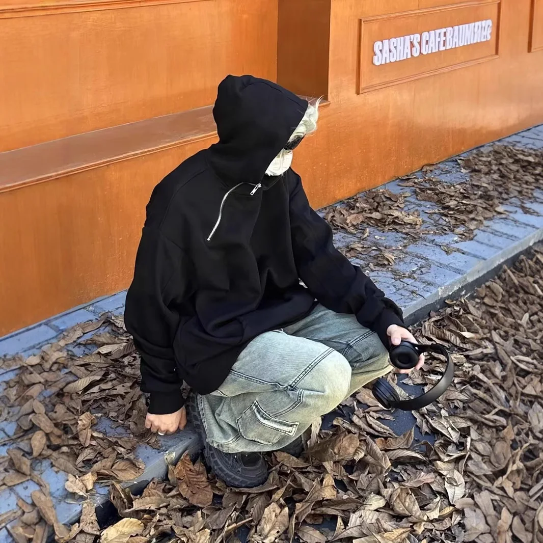 2025 Autumn New Korean Solid Half Zipper Hoodies for Men Winter Fashion Retro Oversized Hoodie Hip Hop Streetwear Sweatshirt Y2k