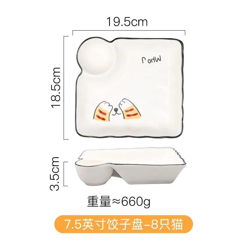 7.5inch-10inch Korean Style Ceramic Dumpling Plate Cat Pattern Square Format Breakfast Plate Sushi Plate Creative Art Tableware