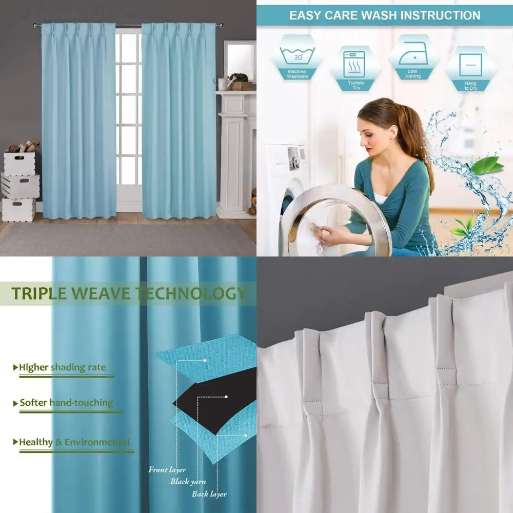 مجموعة ستائر مطوية ذات قرصة مزدوجة - مثالية لغرف المعيشة وغرف النوم والفطريات والقاعات - معالجات النوافذ باللون الأزرق الفاتح #1